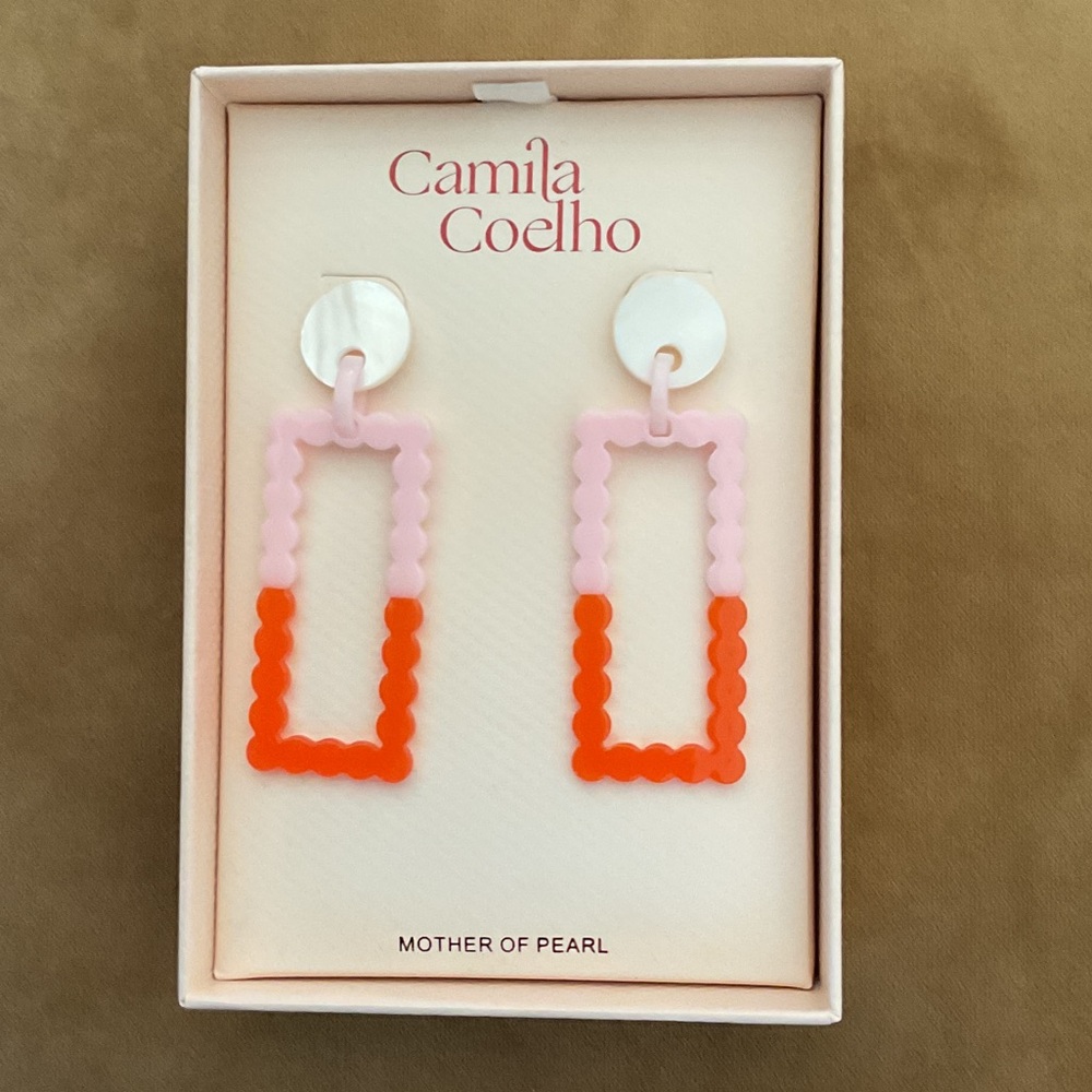 Camila Coelho Vibrant Pink and Orange Earrings, mother of pearl Earrings.